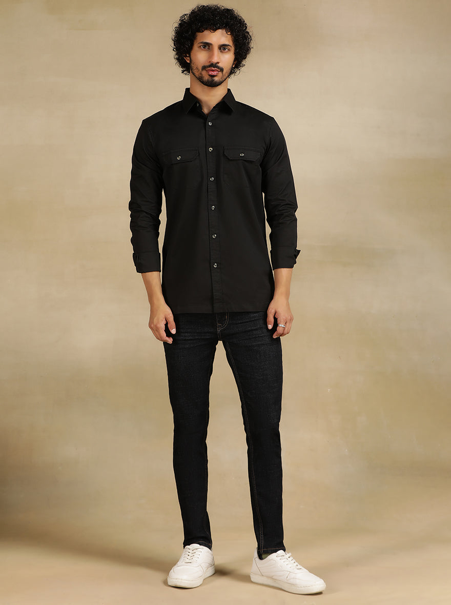 Black Solid Slim Fit Casual Shirt | pehervi