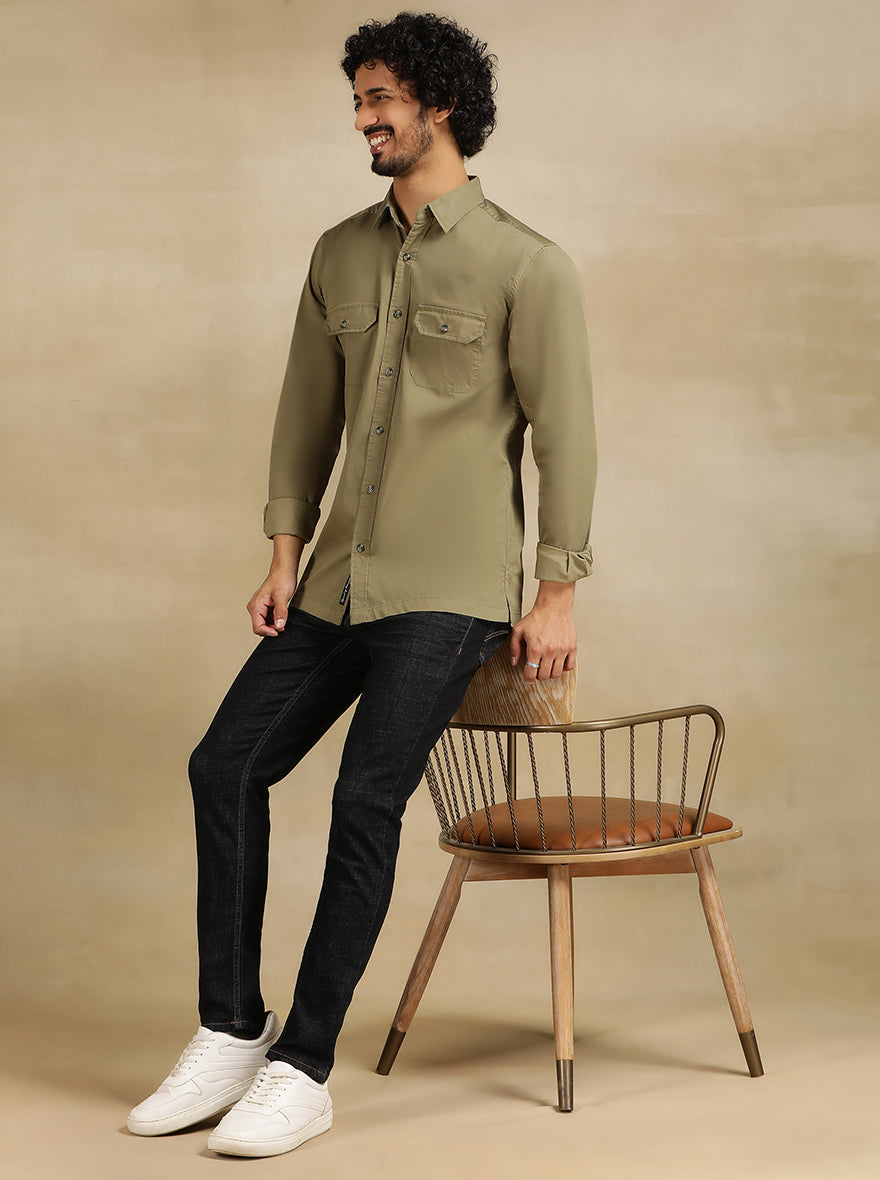 Olive Green Solid Slim Fit Casual Shirt | pehervi