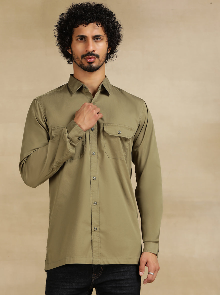 Olive Green Solid Slim Fit Casual Shirt | pehervi