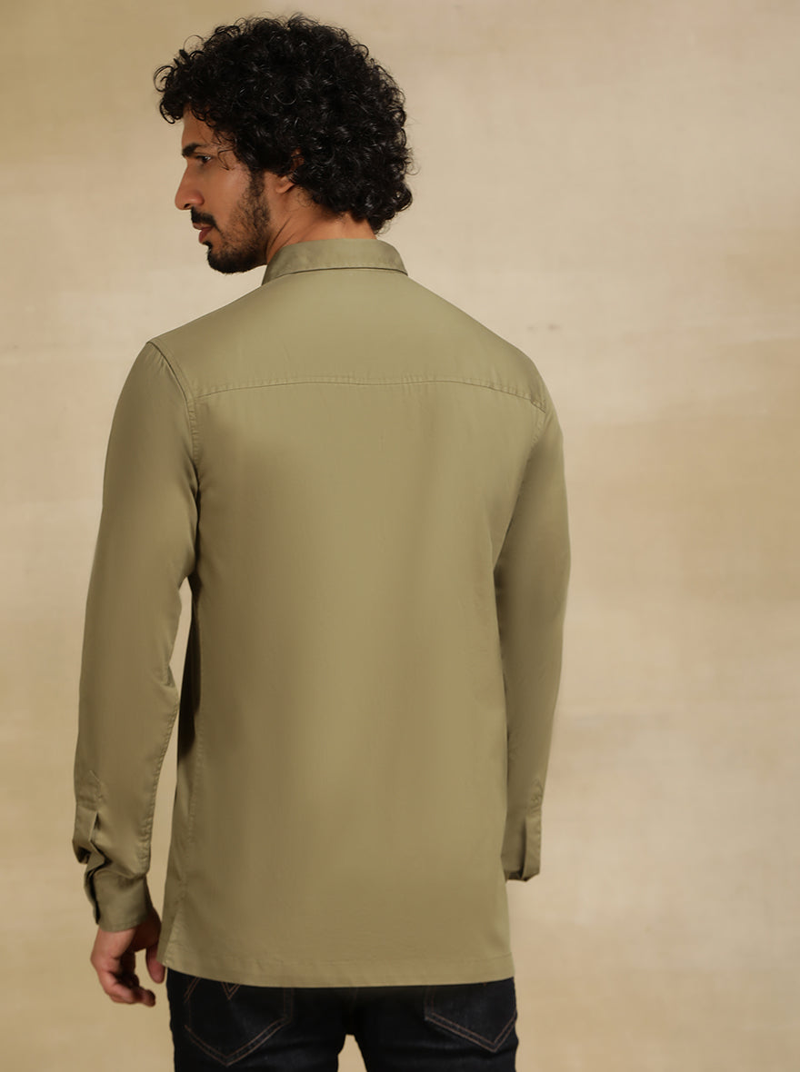 Olive Green Solid Slim Fit Casual Shirt | pehervi