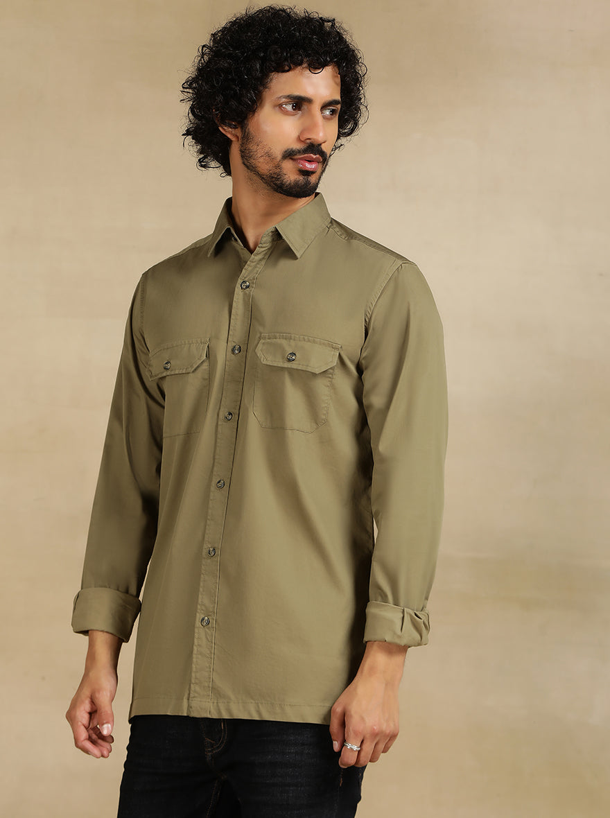 Olive Green Solid Slim Fit Casual Shirt | pehervi