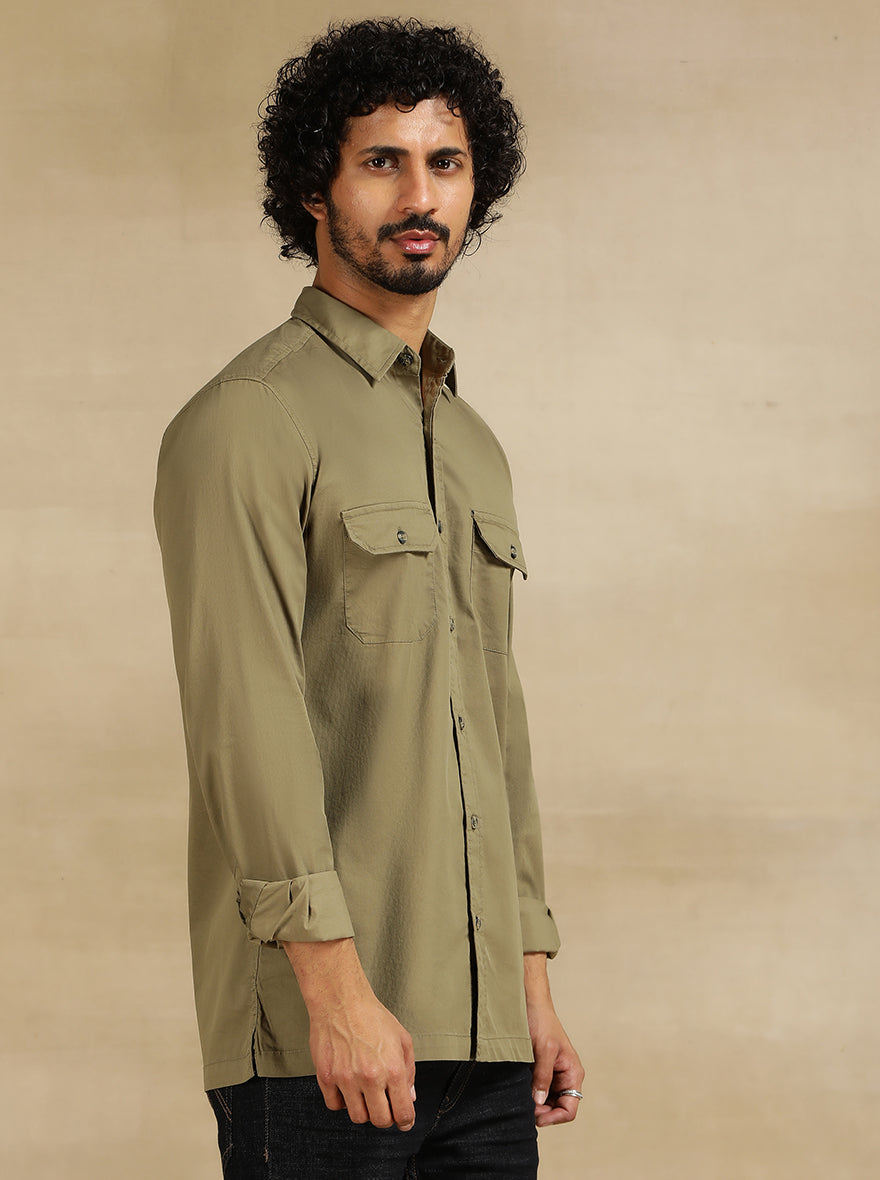 Olive Green Solid Slim Fit Casual Shirt | pehervi