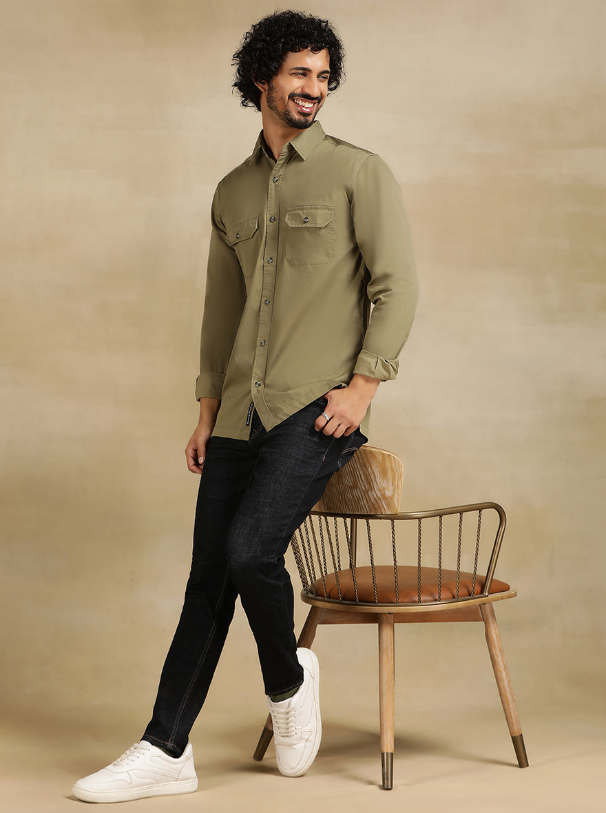 Olive Green Solid Slim Fit Casual Shirt | pehervi
