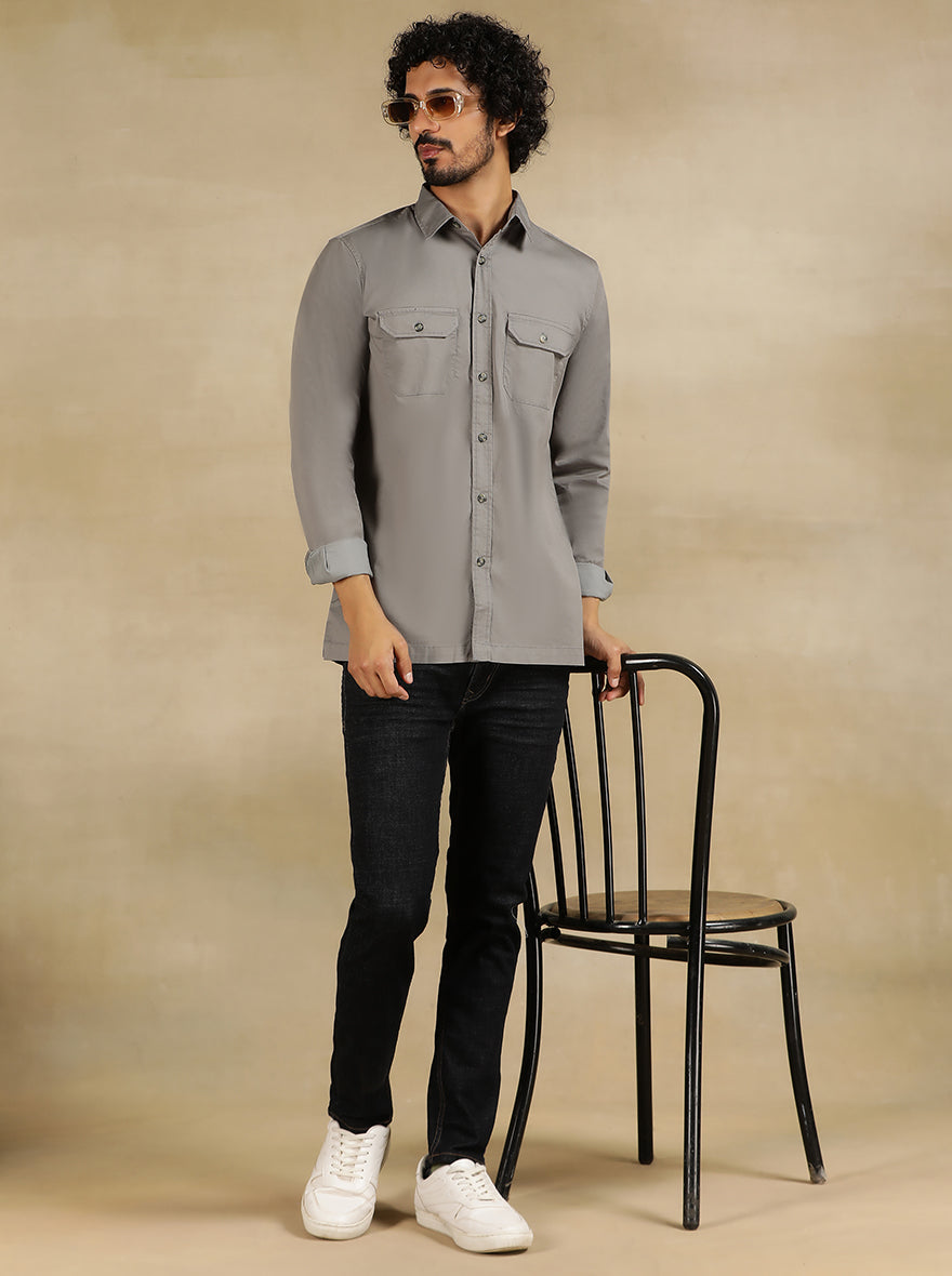 Light Grey Solid Slim Fit Casual Shirt | pehervi