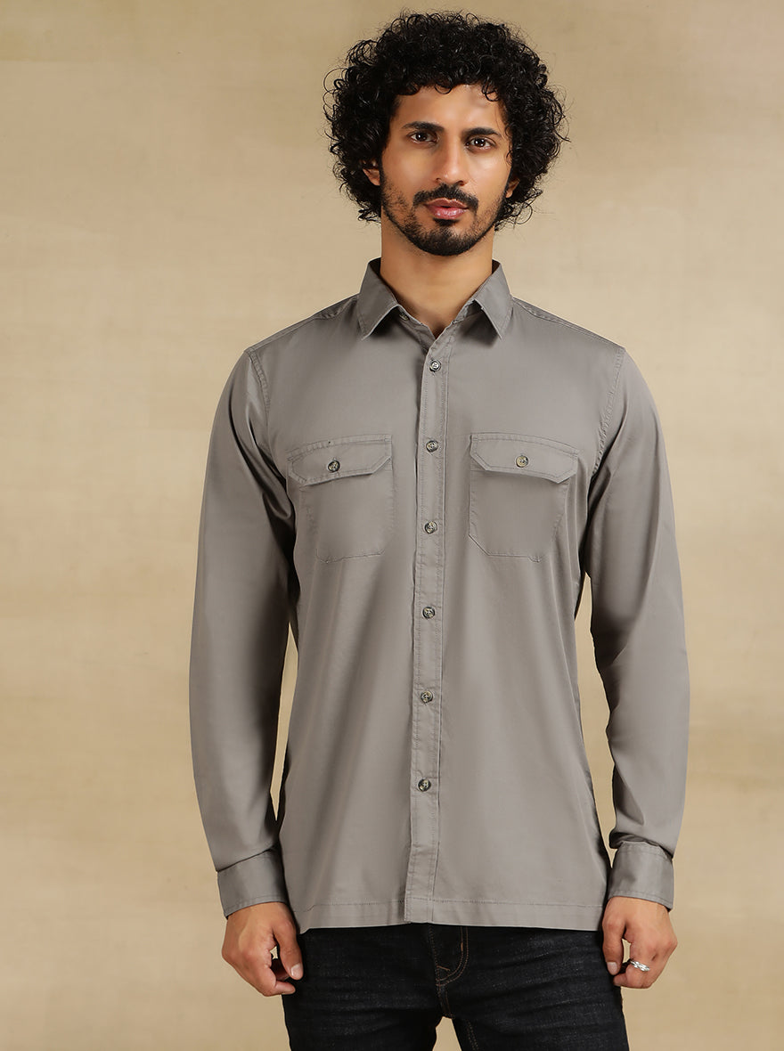 Light Grey Solid Slim Fit Casual Shirt | pehervi