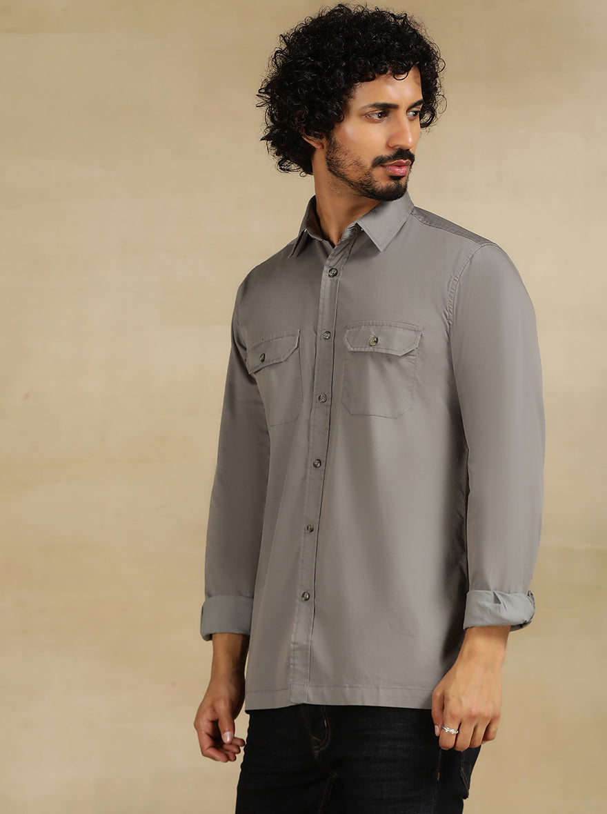 Light Grey Solid Slim Fit Casual Shirt | pehervi
