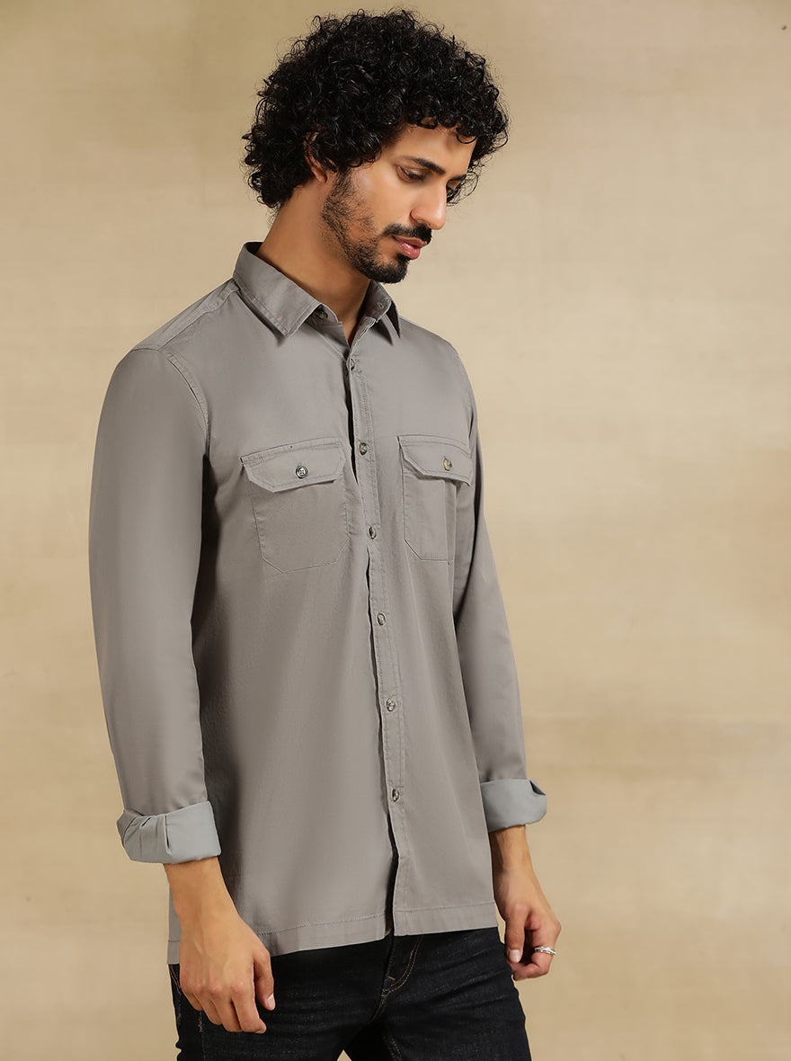 Light Grey Solid Slim Fit Casual Shirt | pehervi