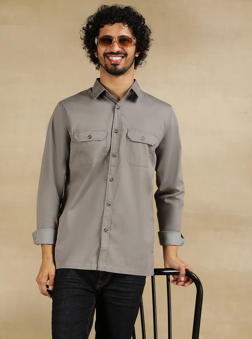 Light Grey Solid Slim Fit Casual Shirt | pehervi