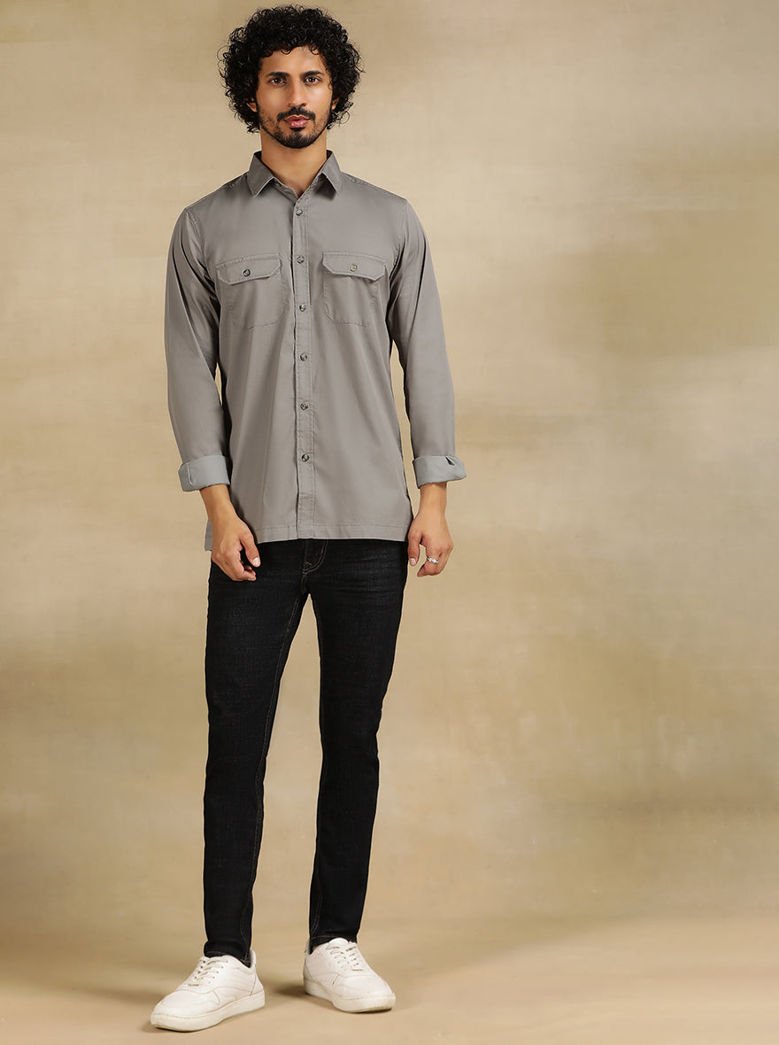 Light Grey Solid Slim Fit Casual Shirt | pehervi