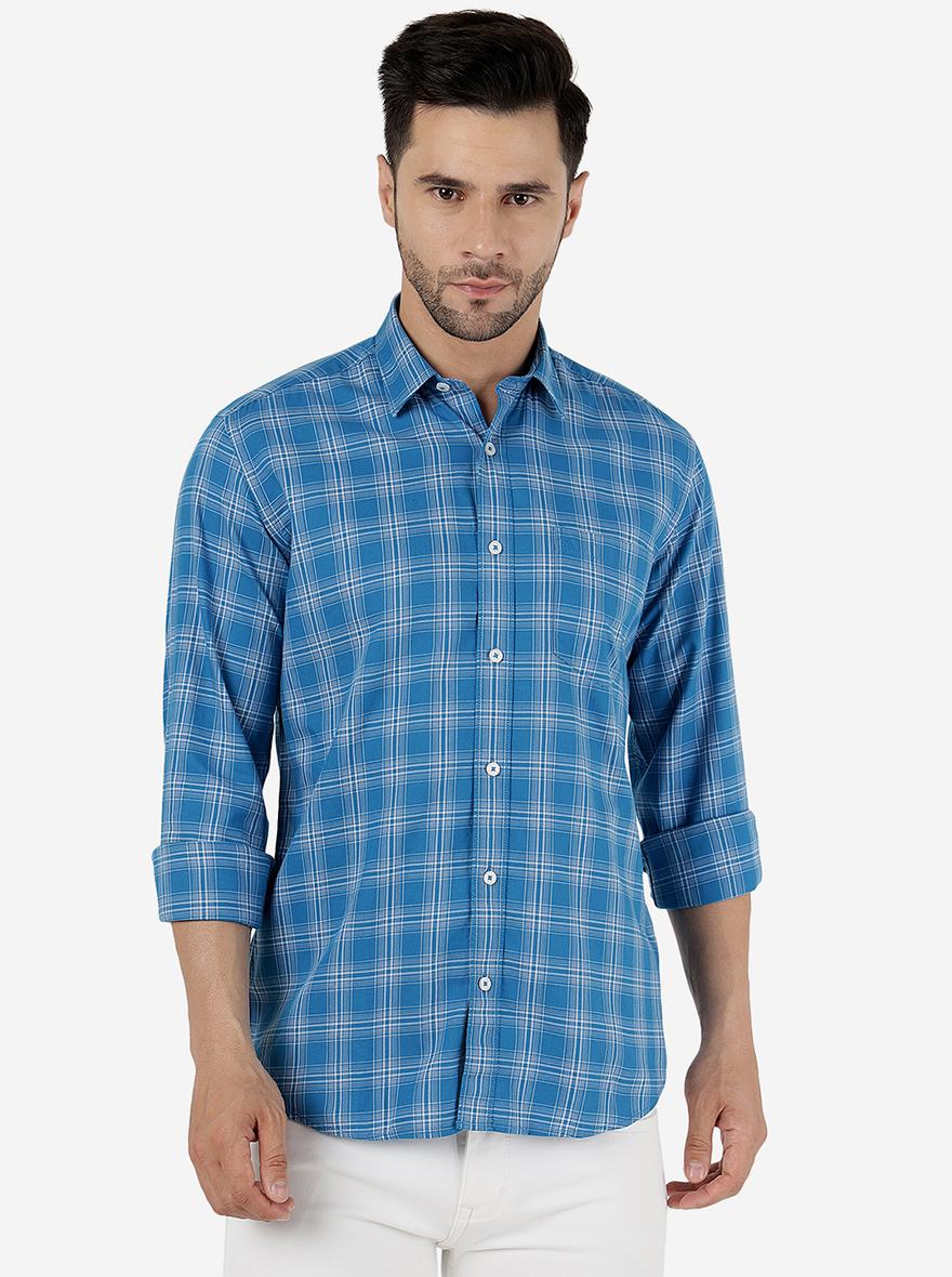 Blue Checked Slim Fit Semi Casual Shirt | Pehervi