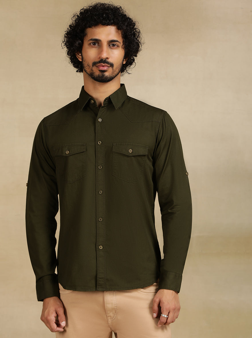 Olive Green Solid Slim Fit Casual Shirt | pehervi