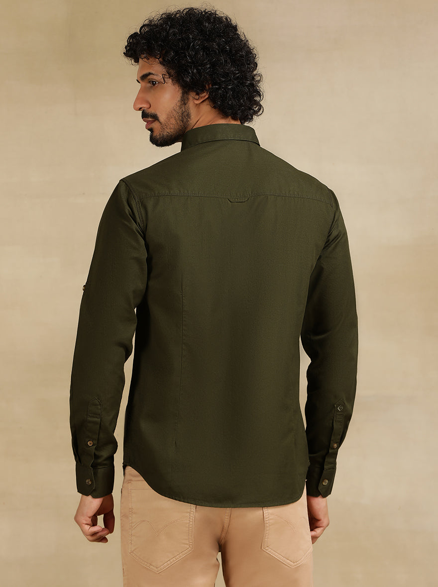 Olive Green Solid Slim Fit Casual Shirt | pehervi