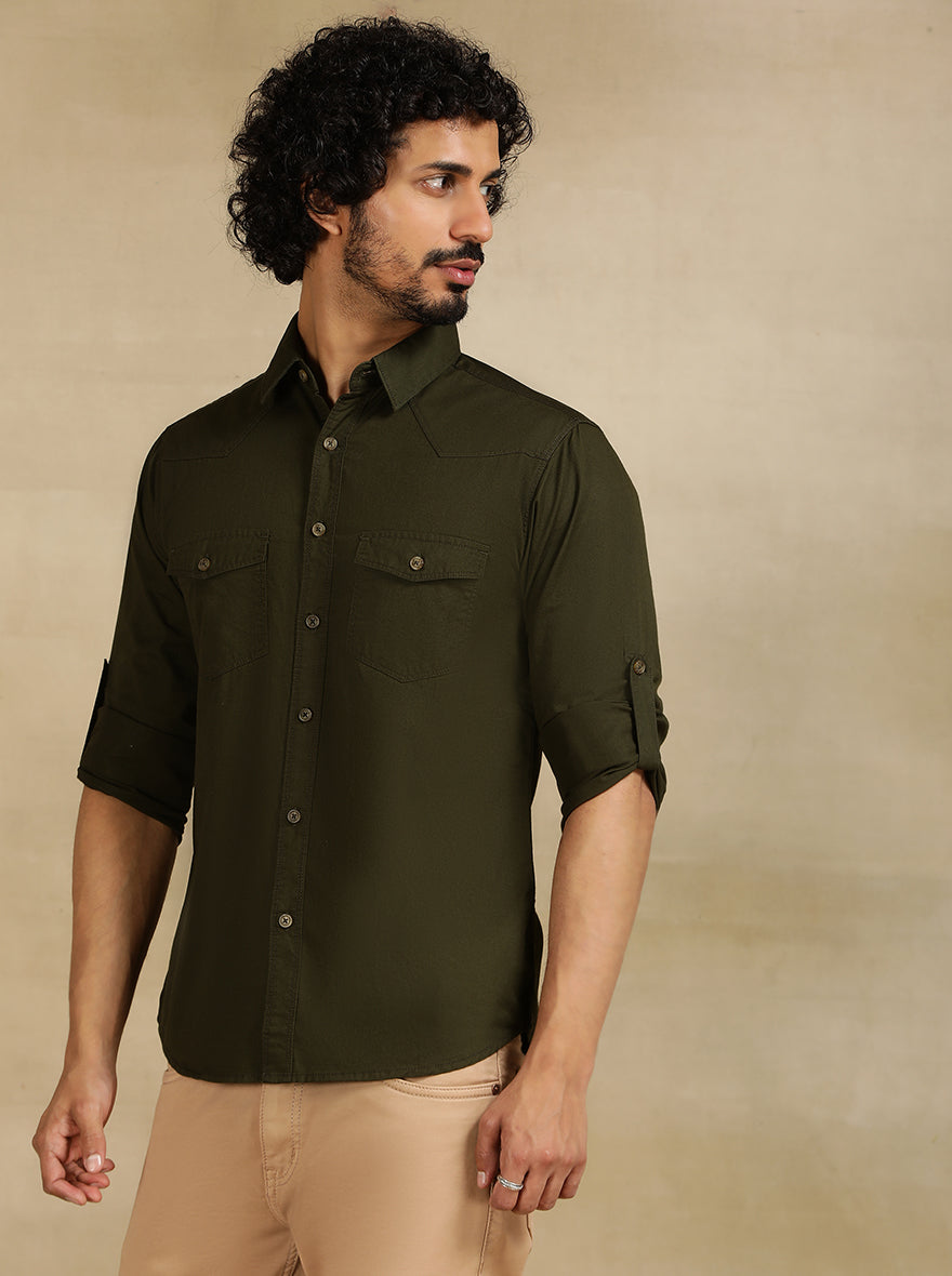 Olive Green Solid Slim Fit Casual Shirt | pehervi