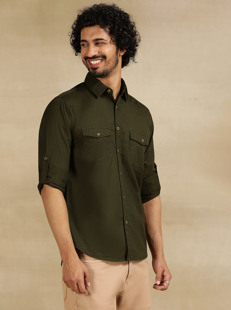 Olive Green Solid Slim Fit Casual Shirt | pehervi