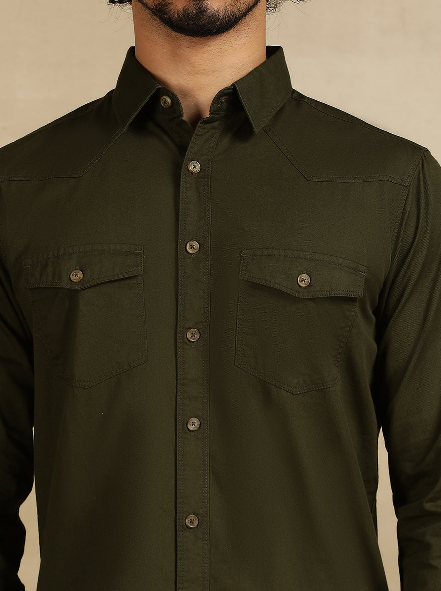 Olive Green Solid Slim Fit Casual Shirt | pehervi