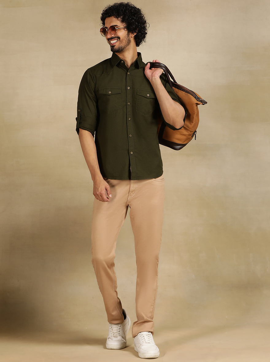 Olive Green Solid Slim Fit Casual Shirt | pehervi