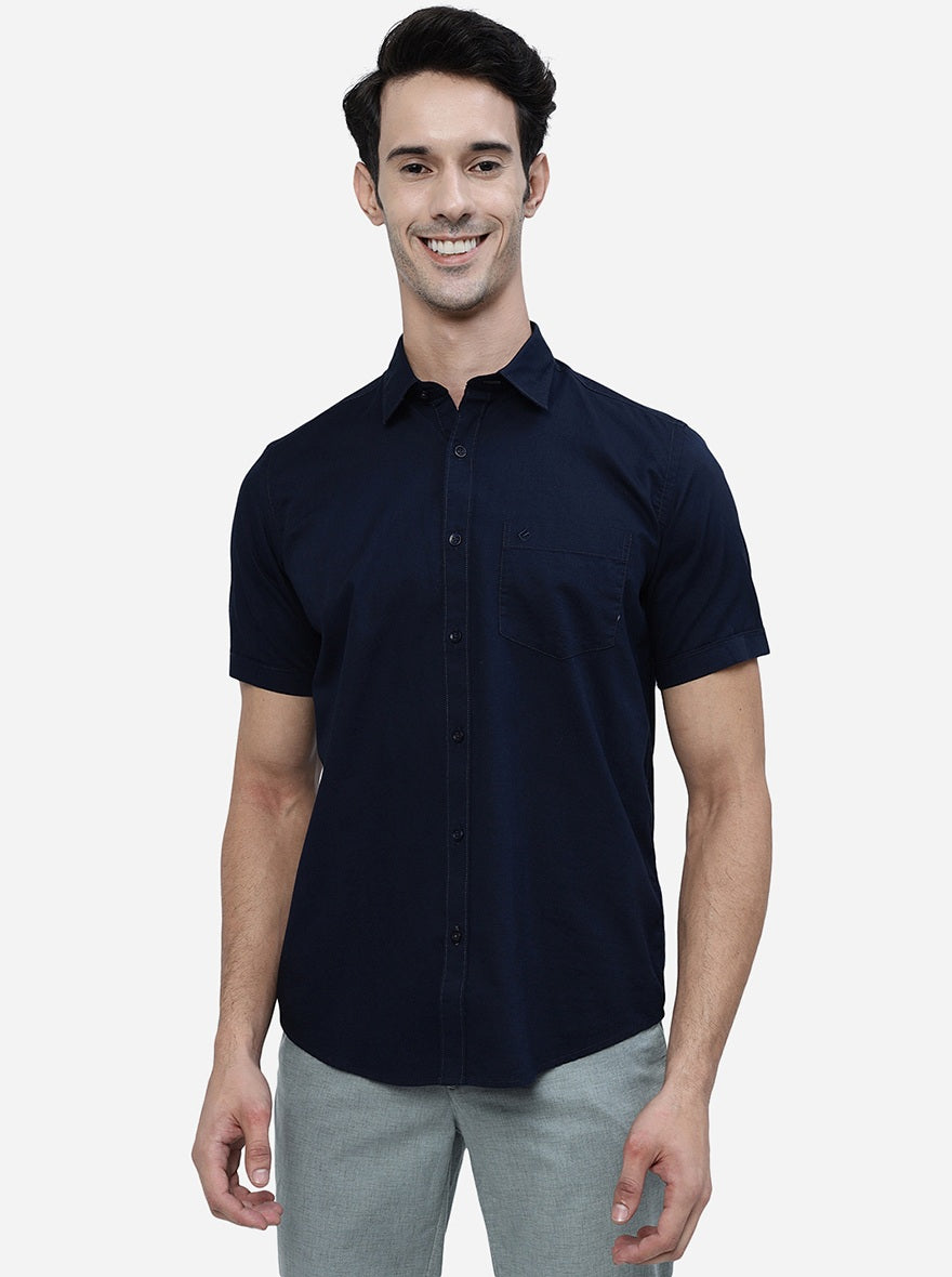 Navy Blue Solid Smart Fit Semi Casual Shirt | Pehervi