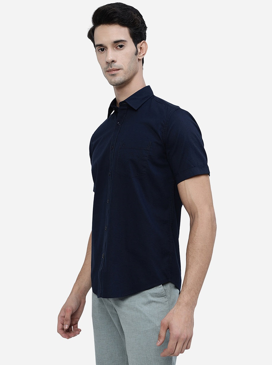 Navy Blue Solid Smart Fit Semi Casual Shirt | Pehervi