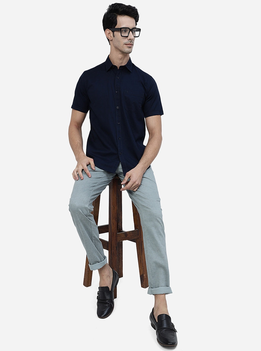 Navy Blue Solid Smart Fit Semi Casual Shirt | Pehervi