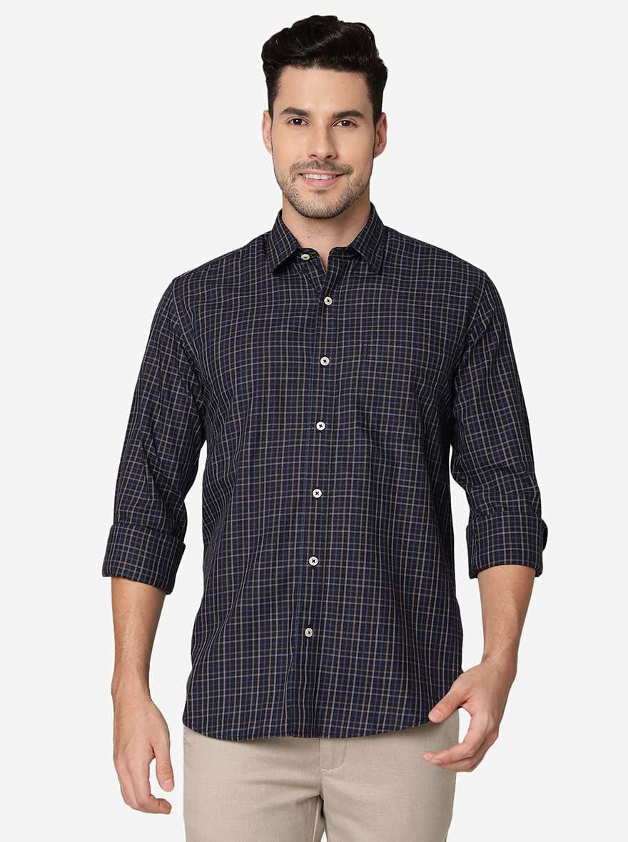 Navy Blue Checked Slim Fit Semi Casual Shirt | Pehervi