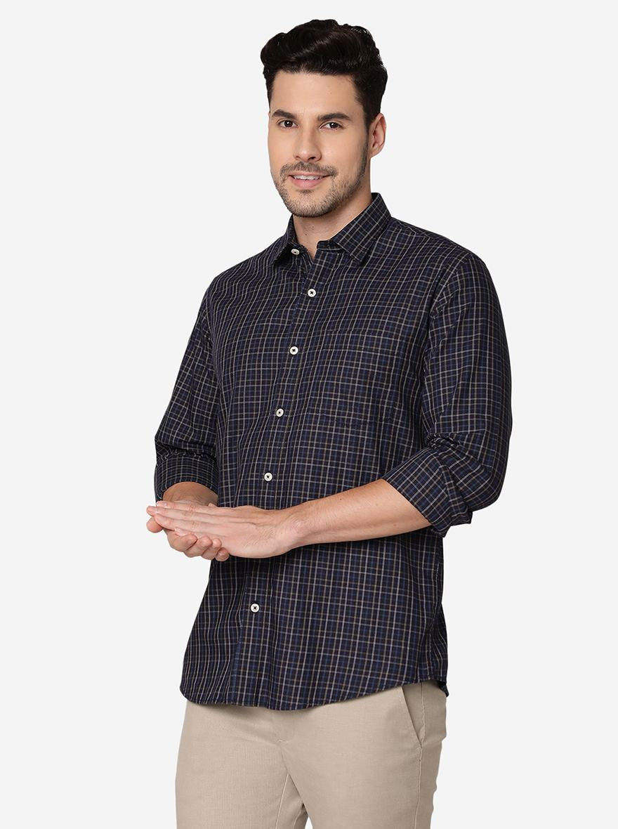 Navy Blue Checked Slim Fit Semi Casual Shirt | Pehervi