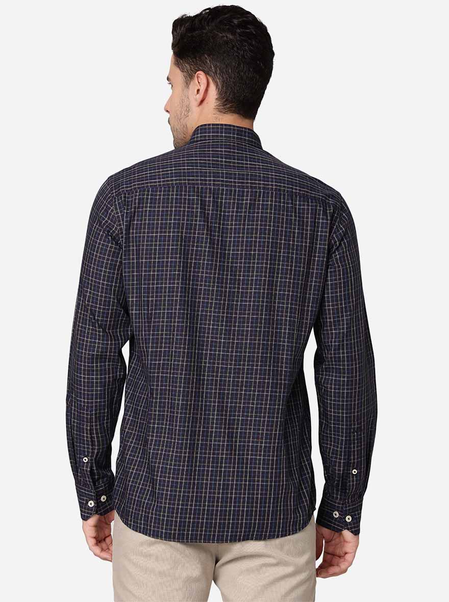 Navy Blue Checked Slim Fit Semi Casual Shirt | Pehervi