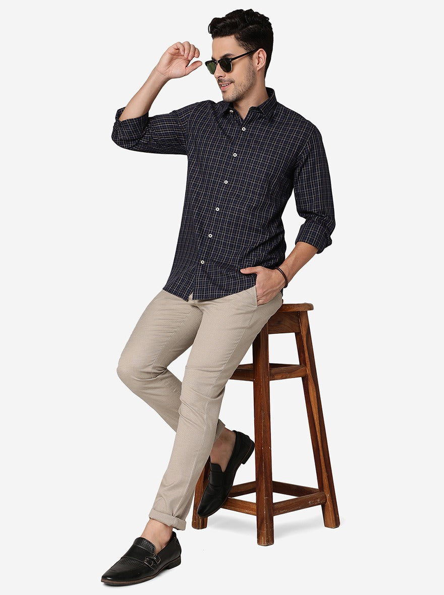 Navy Blue Checked Slim Fit Semi Casual Shirt | Pehervi