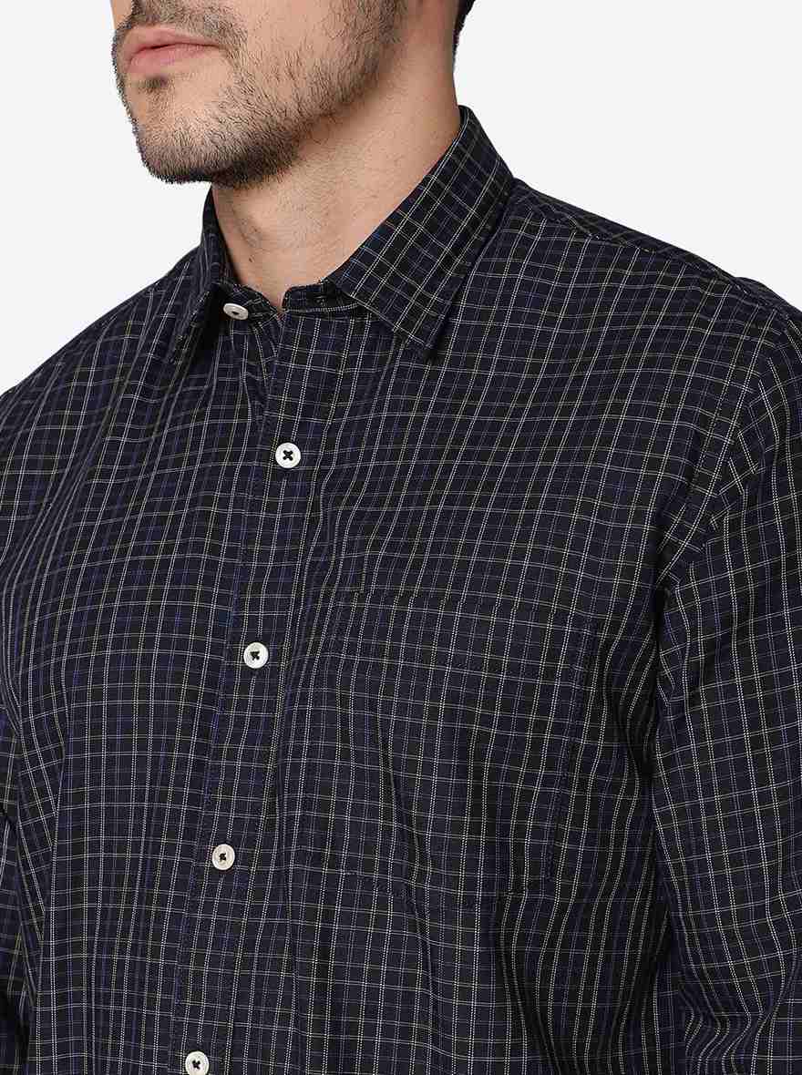 Navy Blue Checked Slim Fit Semi Casual Shirt | Pehervi