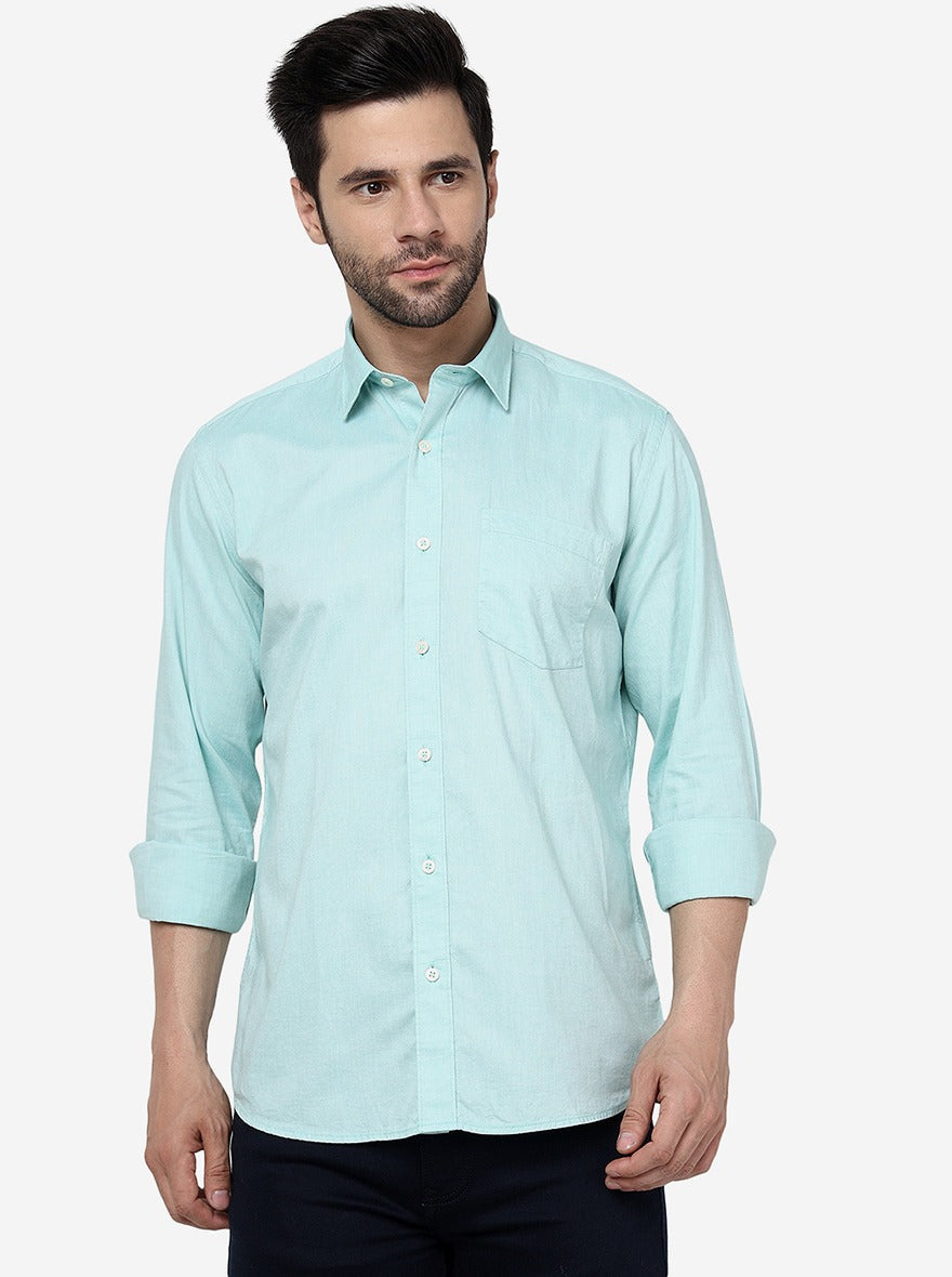 Mist Green Solid Slim Fit Semi Casual Shirt | Pehervi