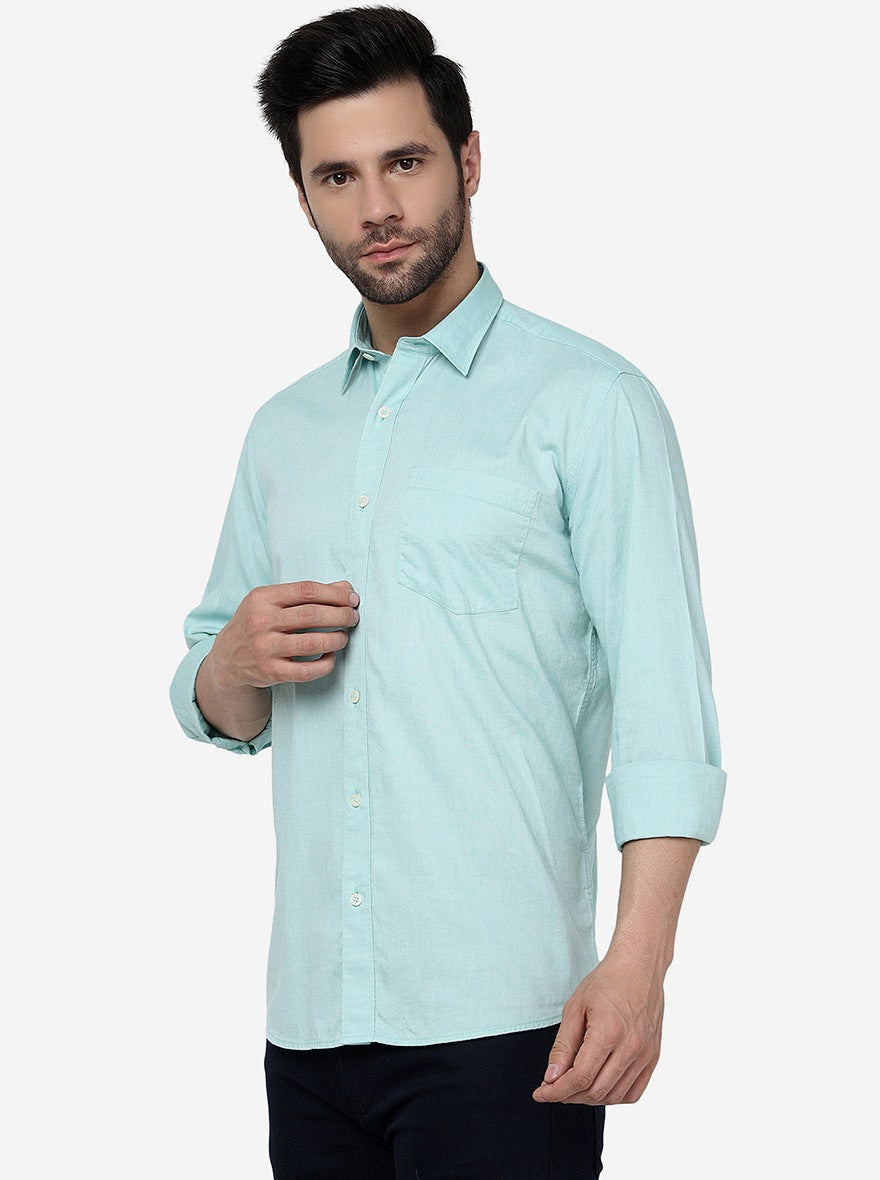 Mist Green Solid Slim Fit Semi Casual Shirt | Pehervi