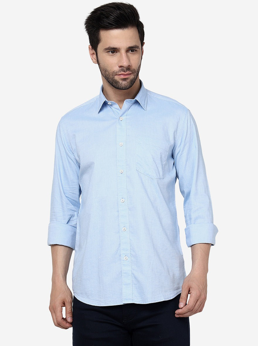 Light Blue Solid Slim Fit Semi Casual Shirt | Pehervi