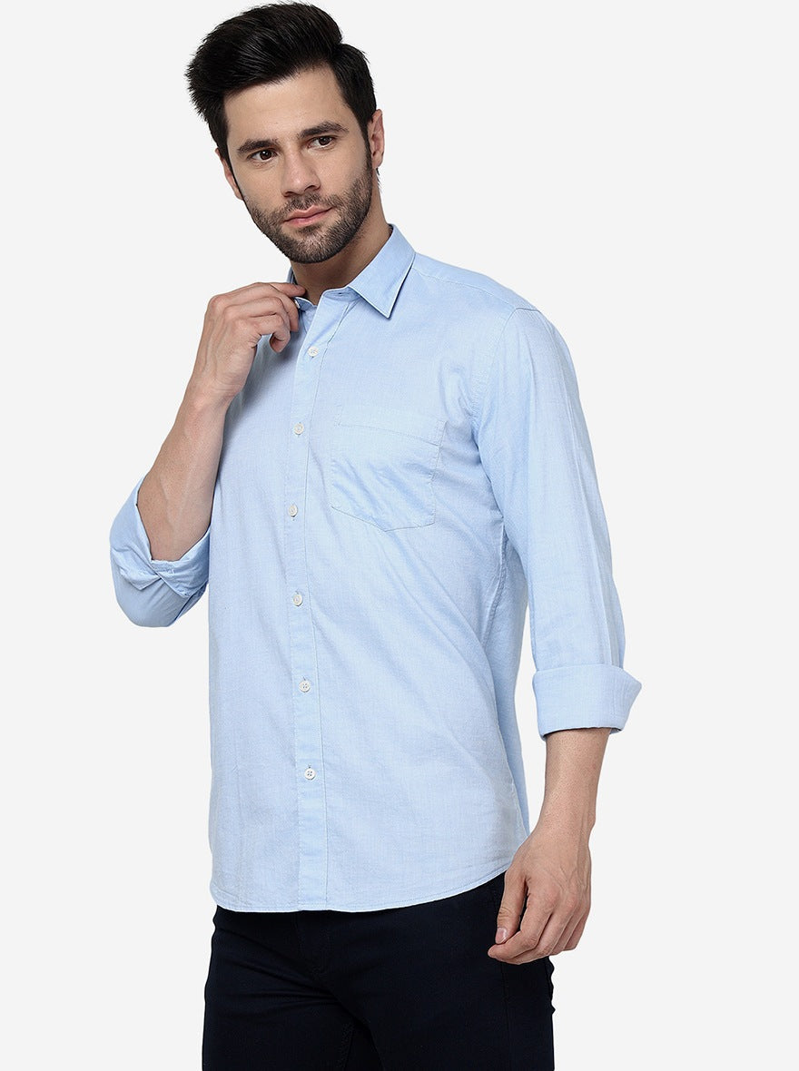 Light Blue Solid Slim Fit Semi Casual Shirt | Pehervi
