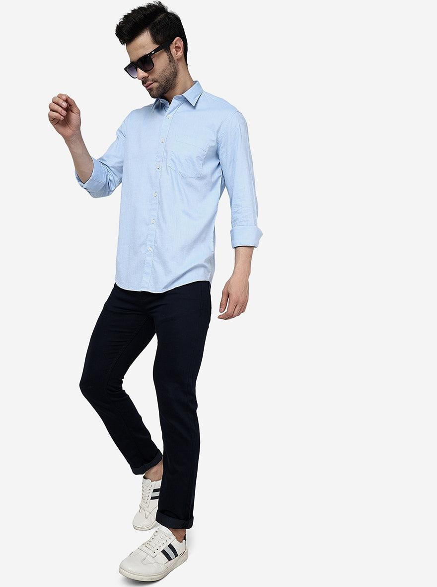 Light Blue Solid Slim Fit Semi Casual Shirt | Pehervi