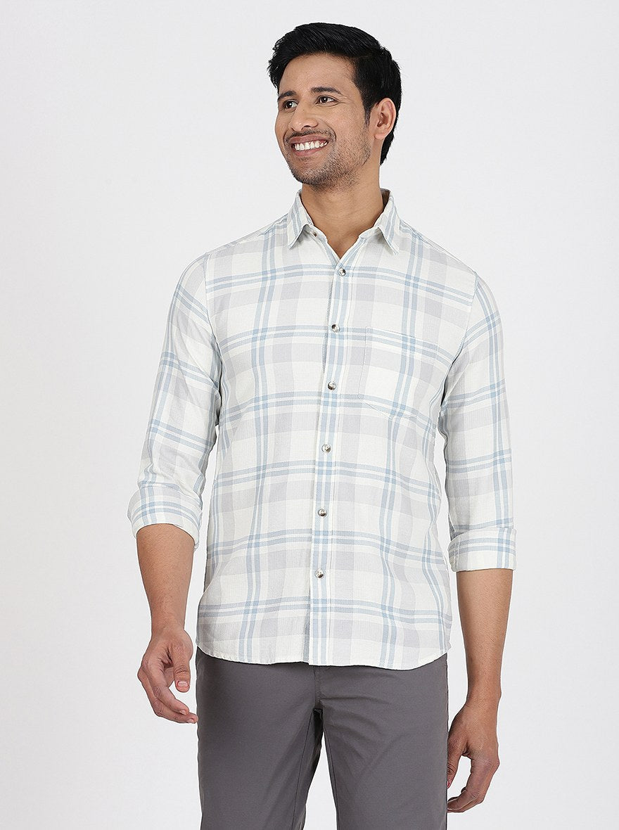 Light Grey Checked Slim Fit Casual Shirt | pehervi