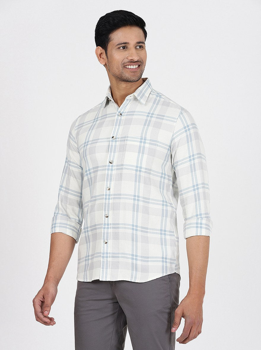 Light Grey Checked Slim Fit Casual Shirt | pehervi