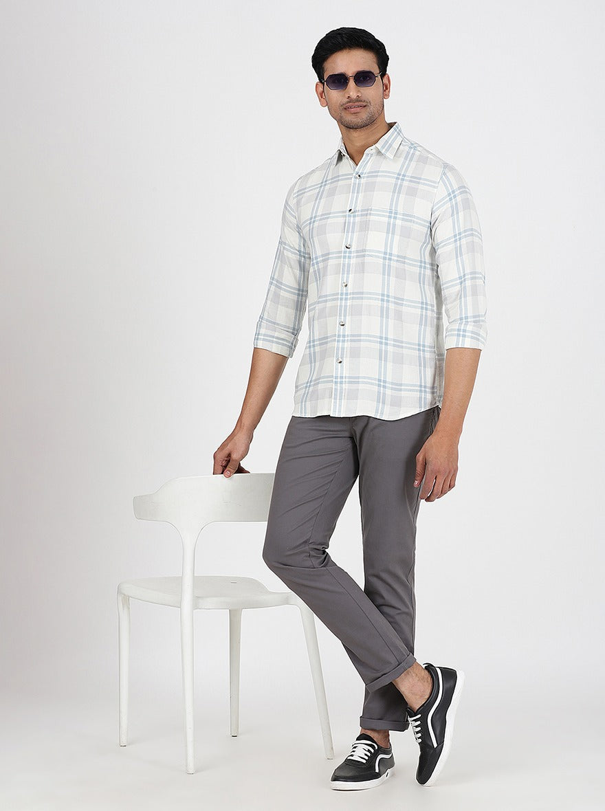 Light Grey Checked Slim Fit Casual Shirt | pehervi