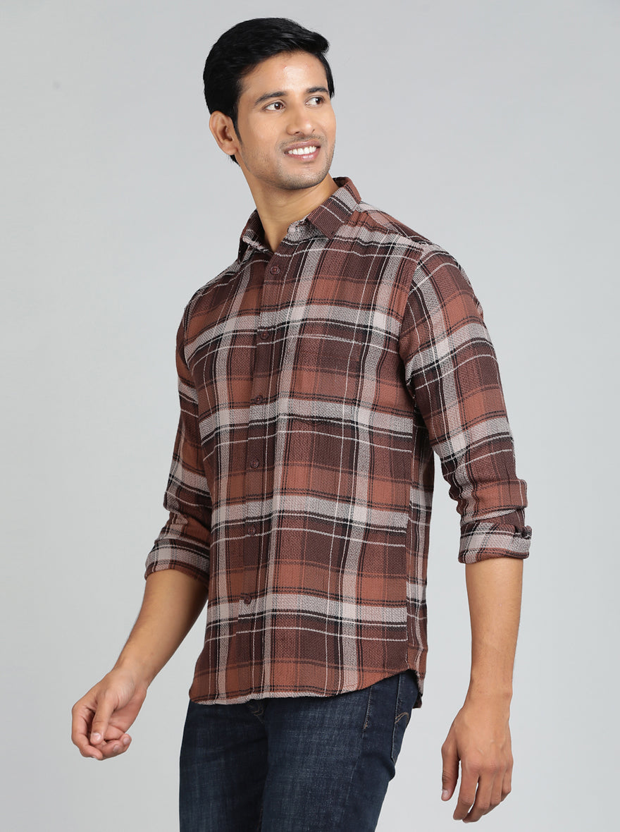Brown Checked Slim Fit Casual Shirt | pehervi