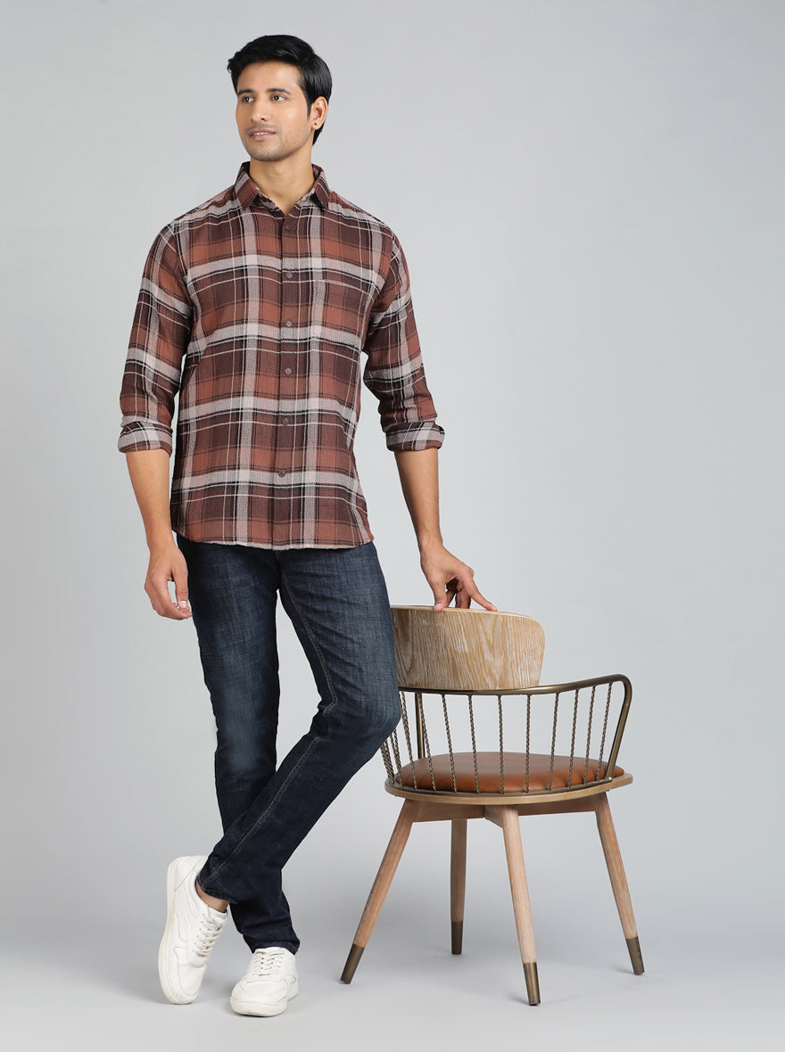 Brown Checked Slim Fit Casual Shirt | pehervi