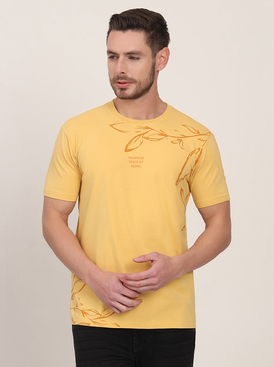Yellow Printed Slim Fit T-Shirt | pehervi