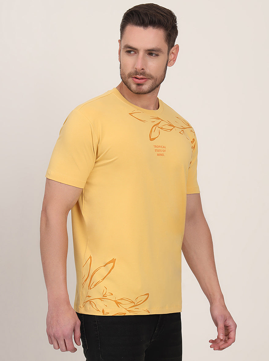 Yellow Printed Slim Fit T-Shirt | pehervi