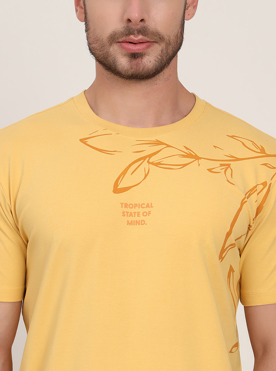 Yellow Printed Slim Fit T-Shirt | pehervi