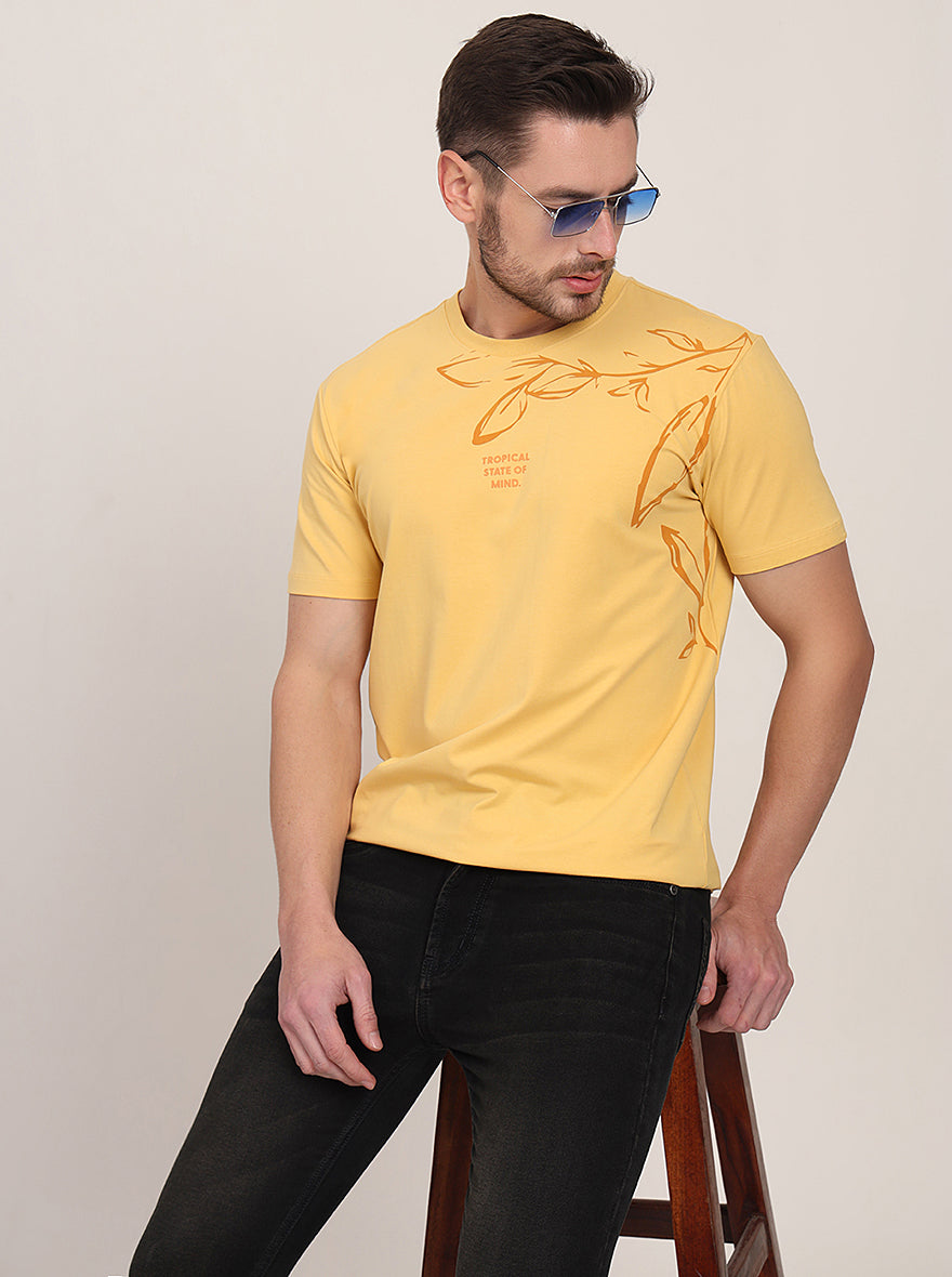 Yellow Printed Slim Fit T-Shirt | pehervi
