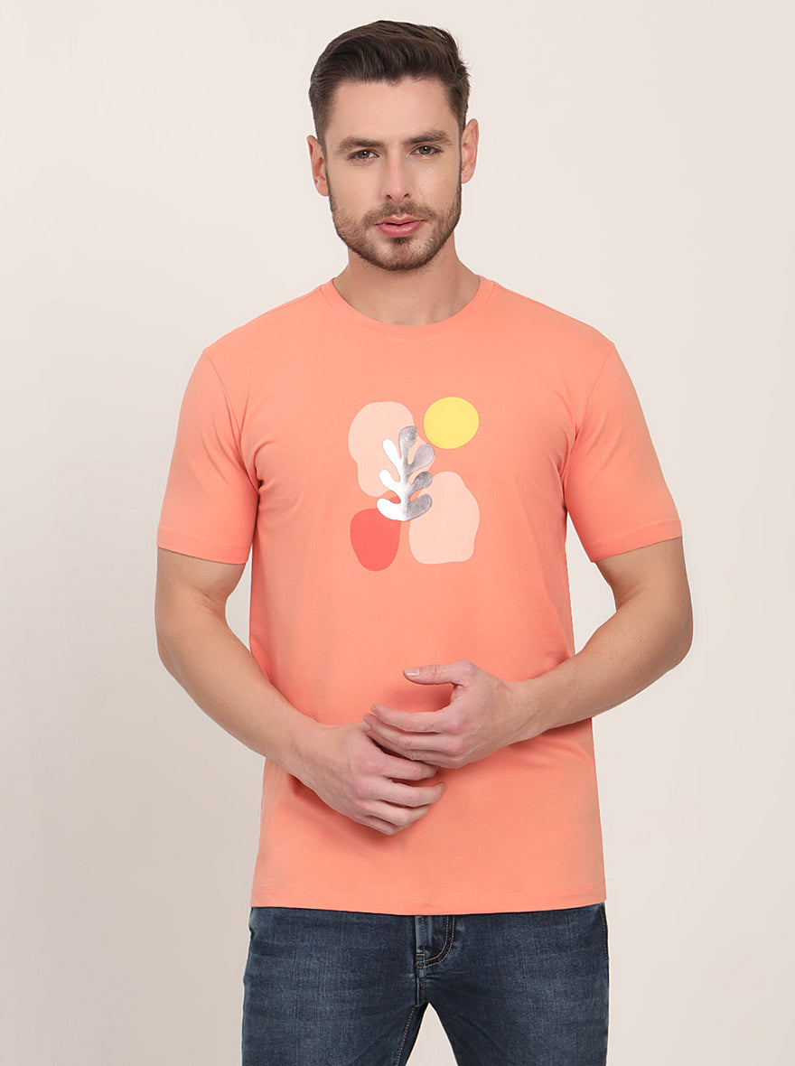 Peach Printed Slim Fit T-Shirt | pehervi