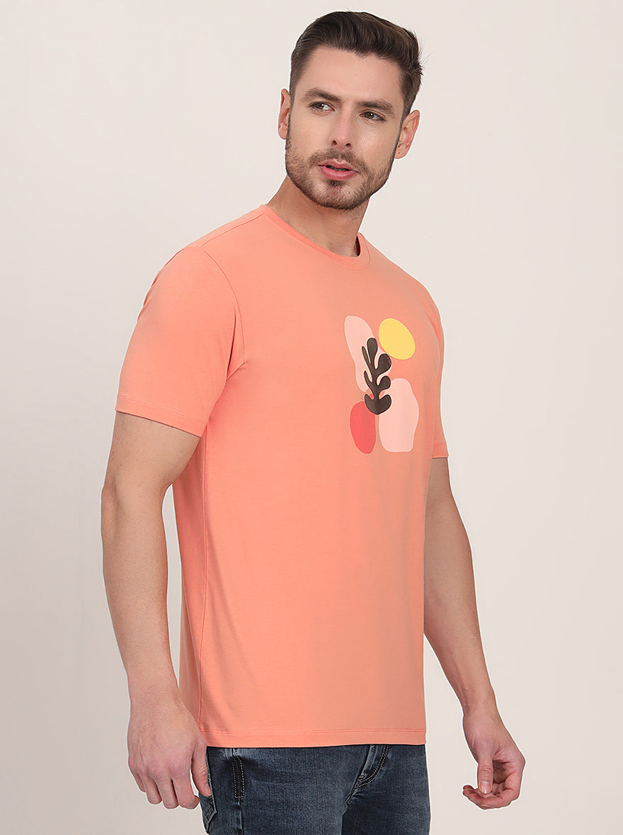Peach Printed Slim Fit T-Shirt | pehervi