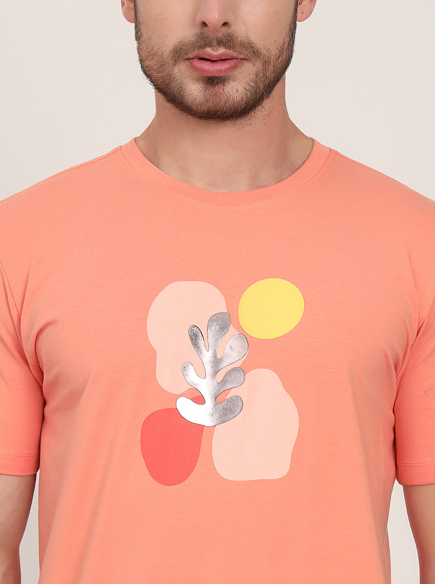 Peach Printed Slim Fit T-Shirt | pehervi
