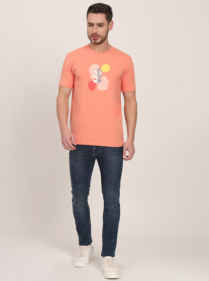 Peach Printed Slim Fit T-Shirt | pehervi