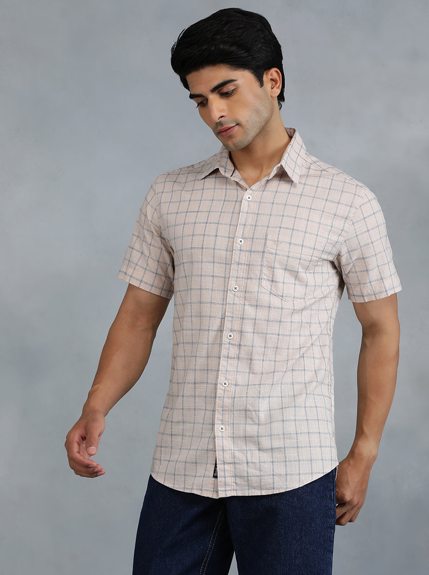 Peach Checked Slim Fit Casual Shirt | pehervi