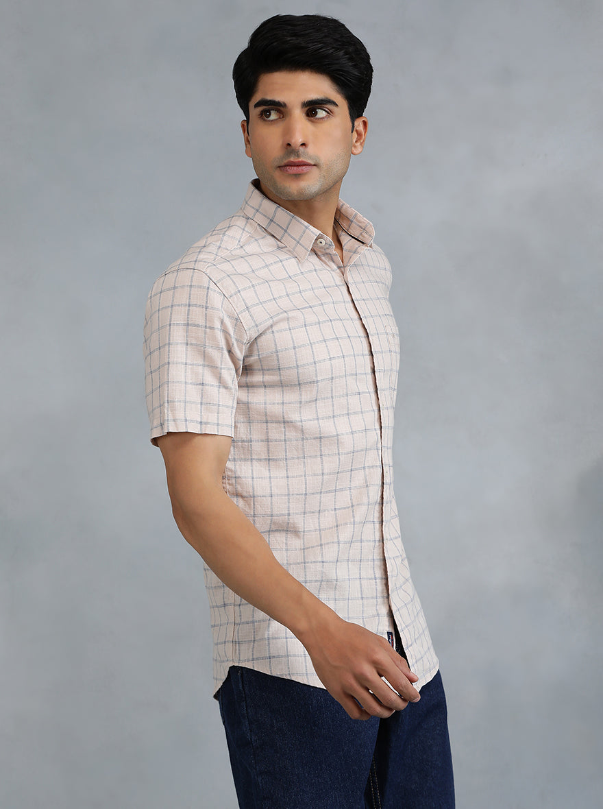 Peach Checked Slim Fit Casual Shirt | pehervi