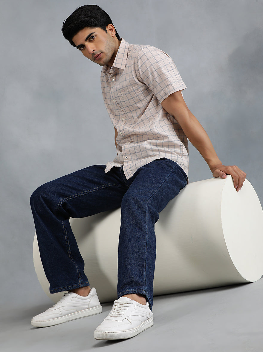 Peach Checked Slim Fit Casual Shirt | pehervi