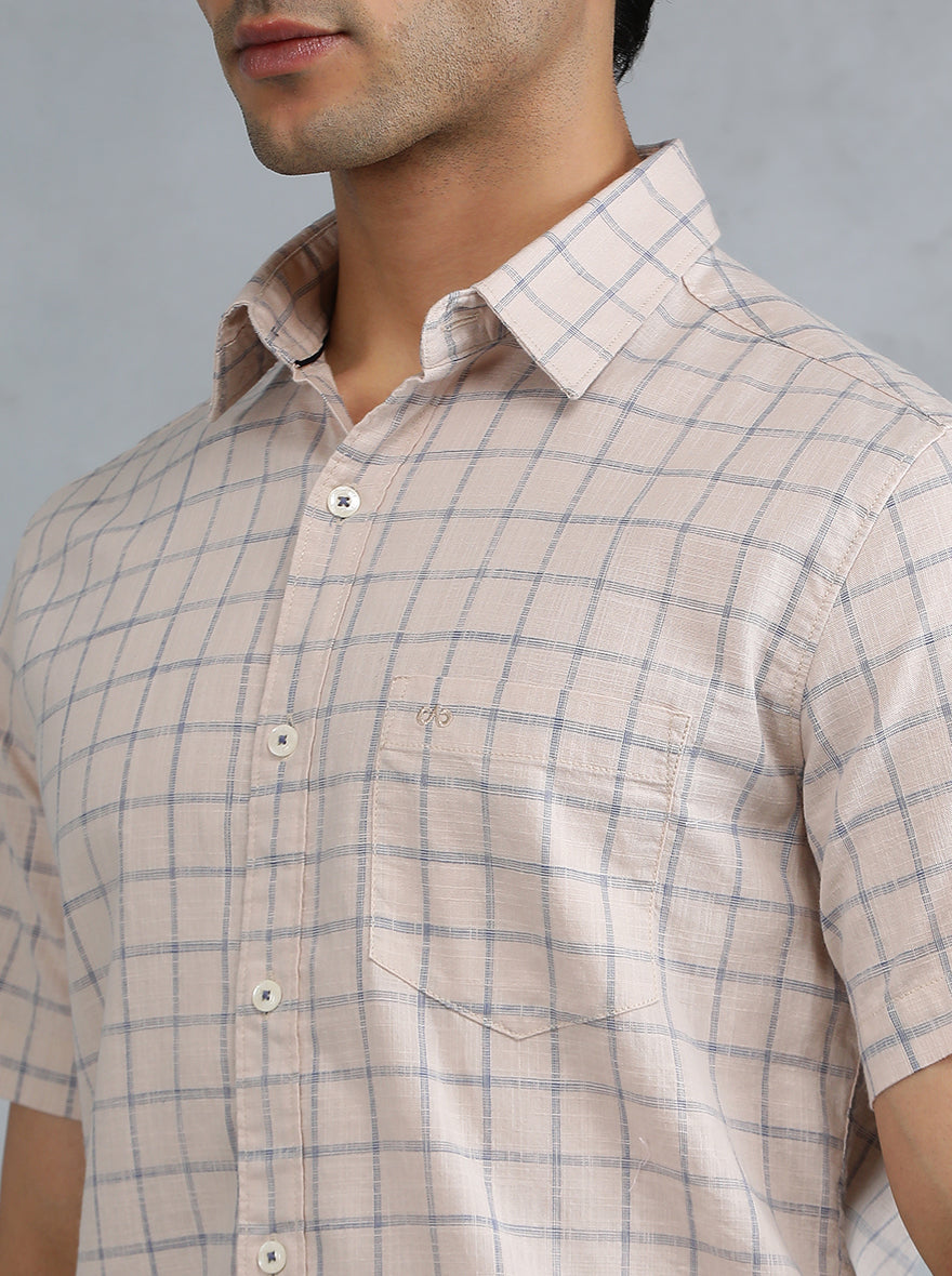 Peach Checked Slim Fit Casual Shirt | pehervi